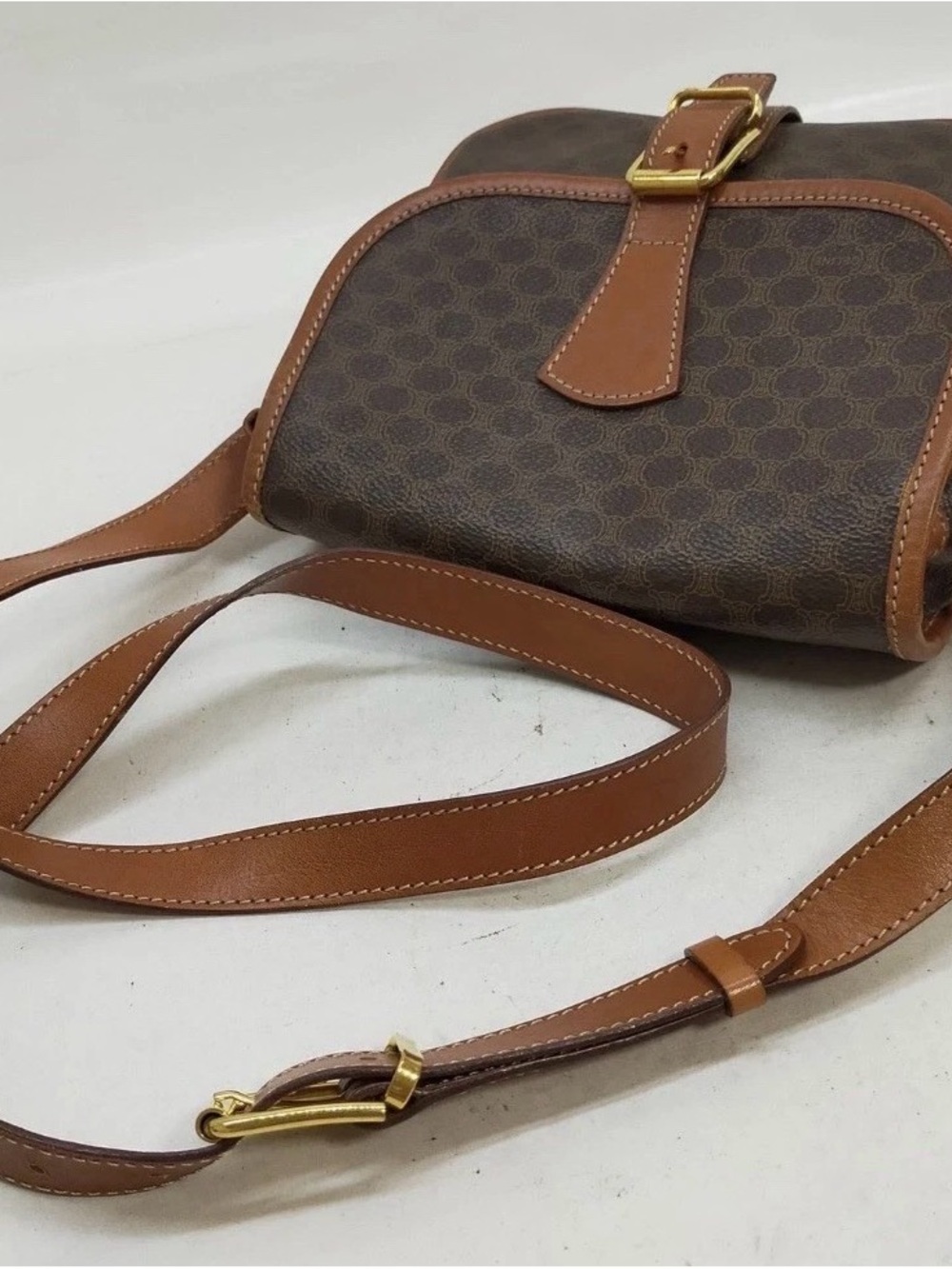 VTG Celine Macadam Pattern Buckle Snap Flap Shoulder Bag Leather Interior - Picture 7 of 13